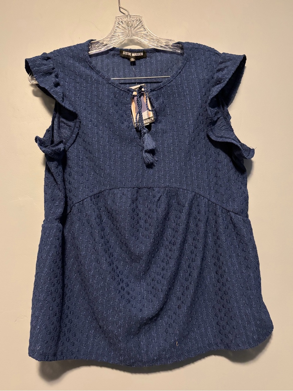 Steve Madden Blue Eyelet Tie-Front Ruffle Sleeve Blouse